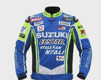 スズキ エクスター MotoGP レーシングジャケット - ブルー＆ネオンレザー モーターサイクルジャケット - GSX-RR