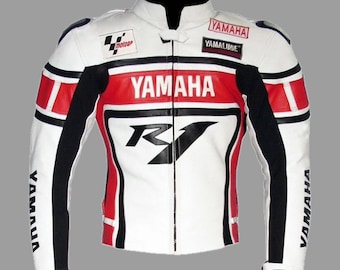 Chaqueta de cuero Yamaha R1 Racing blanca, roja y negra, estilo MotoGP.