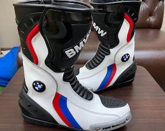BMW Motorrad Racing Boots - Leather Motorcycle Riding Shoes - Professional Biker Protective Gear - White, Blue & Red Sportbike Boots for Men