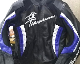 カスタム スズキ ハヤブサ レザー モーターサイクルジャケット - ブラック バイカー レーシング ギア - 漢字ロゴ入りプロテクター ライディングジャケット - メンズ バイク ギア