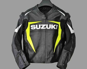 スズキモーターサイクルレザージャケット - ブラックとネオンイエローのレーシングギア - メンズ用プロテクター付きバイカージャケット - 高性能ストリートライディングアパレル