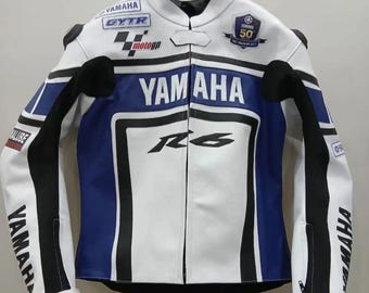 ヤマハ モーターサイクル レーシングジャケット、R6 MotoGP レザーライディングコート、ホワイト/ブラック トラック用プロテクター