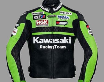 Chaqueta de cuero Kawasaki Racing vintage - Equipamiento retro para motos deportivas Kawasaki Ninja - Estética Kawasaki Monster Energy - Chaqueta de motociclista profesional