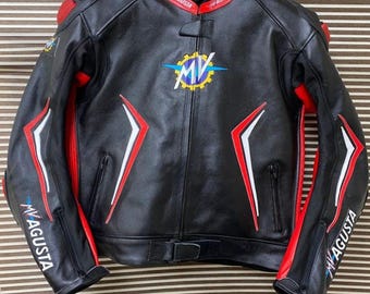 MVアグスタ レザー モーターサイクルジャケット ヴィンテージ レーシングギア ブラック レッド ホワイト バイクライダーコート プロテクター付き