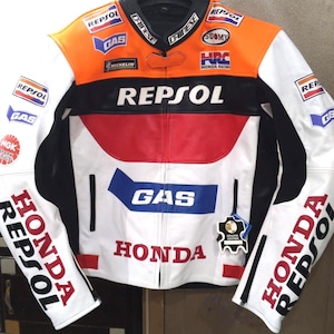 Chaqueta de cuero Honda Repsol Racing - Indumentaria motera inspirada en MotoGP con parches de HRC, GAS y Michelin - Chaqueta de moto de cuero auténtico