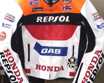 Chaqueta de cuero Honda Repsol Racing - Indumentaria motera inspirada en MotoGP con parches de HRC, GAS y Michelin - Chaqueta de moto de cuero auténtico