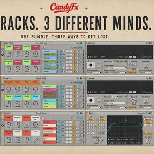 May include: A digital audio software interface graphic titled CandyFx 3 Racks. 3 Different Minds. One Bundle. Three Ways To Get Lost. It displays three distinct Ableton Live rack modules named Echo Mind, Deja Vu, and Cloud 9 with various control knobs.