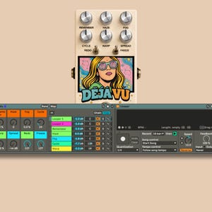 Può includere: Un pedale per effetti per chitarra Deja Vu beige con manopole e una grafica colorata di una donna con occhiali psichedelici. Sotto, un'interfaccia di workstation audio digitale con vari controlli.