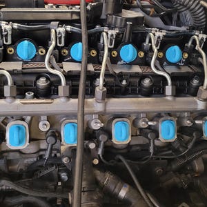 May include: A vehicle engine block featuring a series of bright blue plastic protective caps covering the intake ports and fuel injector openings. The assembly includes metallic fuel rails, silver piping, and black components.