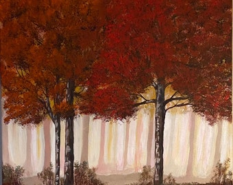 Autumn Trees Red and Orange Acrylic Painting 20”x16”