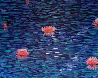 Pink Water Lillies Original Acrylic Painting Lotus Flowers