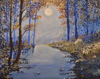 Full Moon Acrylic Canvas Original Painting 24"x18" Blue River Painting