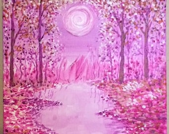 Pink Full Moon Acrylic Painting 8"x8" Moon River Art