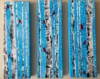 Cardinals in Birch Trees Original Acrylic Triptych Painting Cardinals in Snow