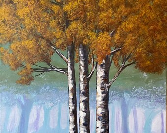 Autumn Aspen Birch Trees Original Acrylic Painting Fall Leaves