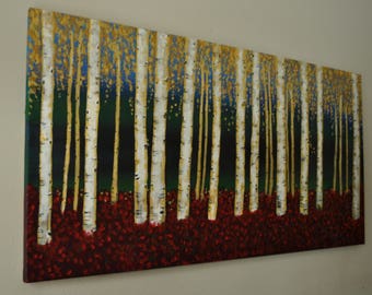 Large Aspen Tree Painting Original Acrylic Canvas 48"x24" Birch Tree Painting Red Gold