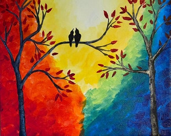 Colorful Bright Love Birds Painting Romantic Love Birds Valentines Anniversary Art