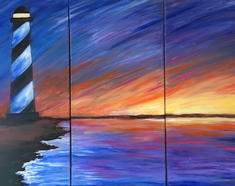 Triptych Large Lighthouse Acrylic Original Painting 36"x24" Three Panel Canvas Painting