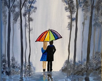 Rainbow Umbrella Couple Walking Park Romantic Umbrella Art