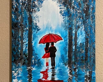 Red Umbrella Painting Couple Walking Park Romantic Original Red Umbrella Acrylic Painting