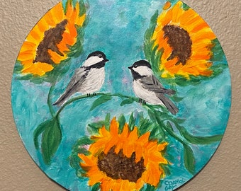 Chickadees Bird Painting birds on sunflowers Acrylic Round Painting