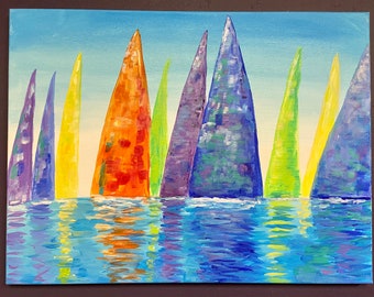 Sailboat Painting 18”x24” Colorful Sailboats