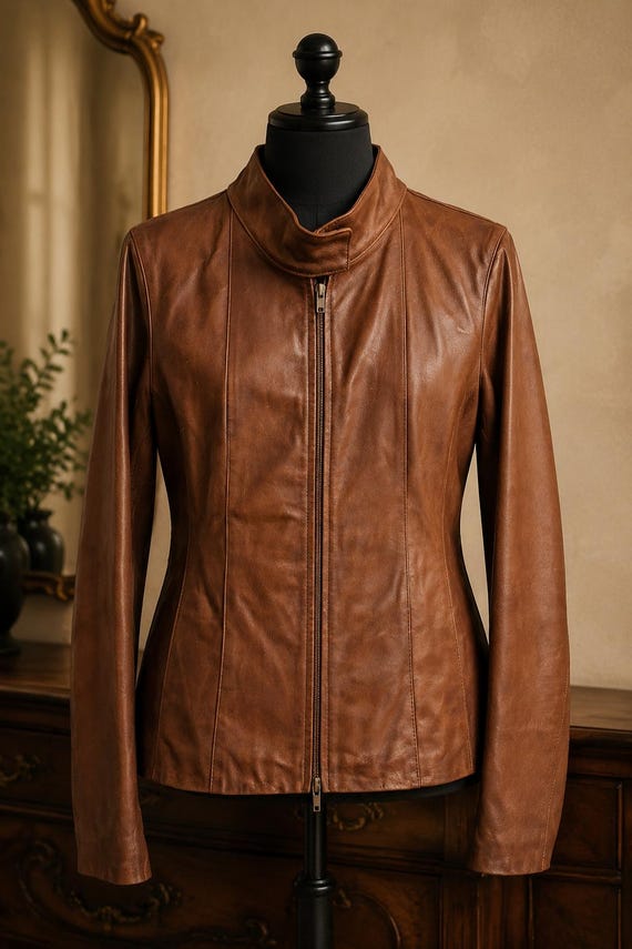 Vintage Brown Leather Jacket, BiBi Made in Italy, Women's Size 48, Y2K Tailored Blazer