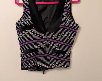 Chaleco geométrico vintage para mujer, morado y negro, talla pequeña