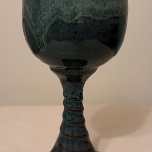 Signed Studio Pottery Goblet Blue Green Glaze Ceramic Chalice Pedestal Vessel Handmade Art Pottery 8.25 Inch
