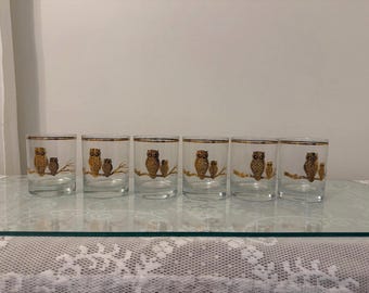 Juego de 6 vasos bajos vintage Culver de oro de 22k con diseño de búho, estilo mediados de siglo.