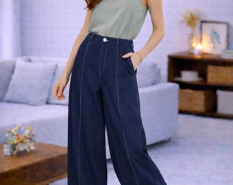 Pantalones de pierna ancha con costuras de contraste y talle alto