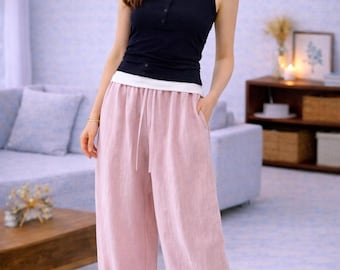 Pantalones anchos de lino color rosa empolvado