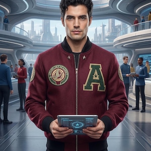 May include: A maroon varsity jacket featuring a Starfleet Academy patch on the right chest, a large letter A with a star on the left chest, and two silver star pins on the collar. The jacket has black ribbed cuffs and a black ribbed hem.