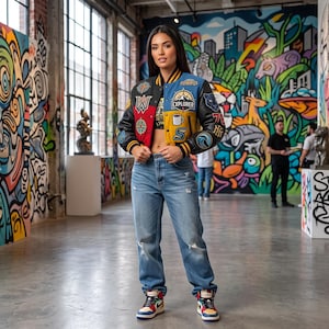 May include: A multi-coloured varsity jacket featuring black leather sleeves, a red panel, and a blue panel with various embroidered patches including a compass, a car, and a coffee mug. The jacket is paired with light blue distressed denim jeans.
