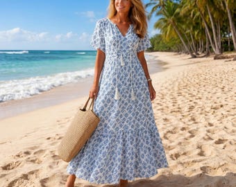 Blaues Floral Maxi Kleid, Cottagecore Sommer Strand Boho Stil