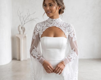 Detachable Lace Wedding Sleeves with Pearls and Sequins, Bridal Bolero Accessory for Wedding Dress
