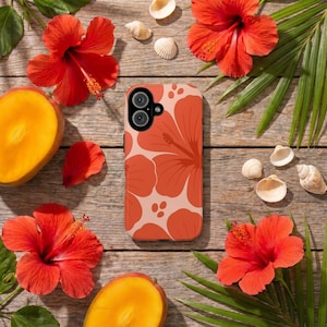 hibiscus phone case, floral coral case, tropical iPhone case, cute summer case, botanical peach terracotta, aesthetic floral phone cover