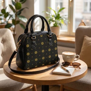Puede incluir: Bolso de mano negro con un estampado floral dorado. El bolso tiene una asa superior y una correa para el hombro desmontable. Está sobre una mesa de madera junto a una taza de café, gafas de sol y un bloc de notas.