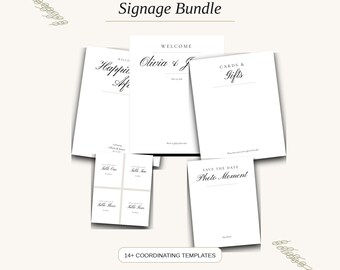 Conjunto de letreros editables para bodas, paquete de 15 letreros imprimibles para bodas, letreros de bienvenida, barra de asientos y recepción, edita en el navegador e imprime en casa.