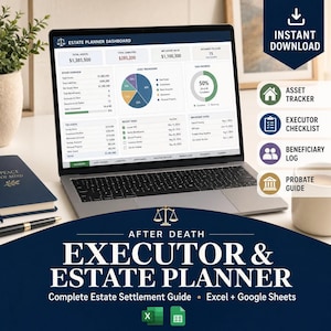 May include: A laptop displays an estate planner dashboard with financial data, asset breakdowns, and task progress. The image includes a dark blue banner with the text "EXECUTOR & ESTATE PLANNER" and icons for asset tracking, executor checklist, beneficiary log, and probate guide.