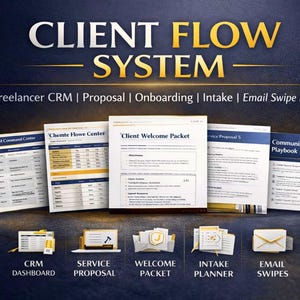 May include: Image of a Client Flow System with the text "CLIENT FLOW SYSTEM" in gold and white. The image includes documents labeled "Freelancer CRM", "Proposal", "Onboarding", "Intake", and "Email Swipe Pack". Icons for CRM Dashboard, Service Proposal, Welcome Packet, Intake Planner, and Email Swipes are also present.