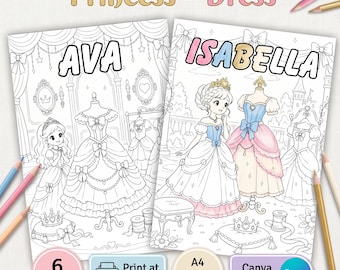 Personalized Princess Name Coloring Pages, Editable Canva Template for Kids, Dress Theme, 6 Pages, Digital Download
