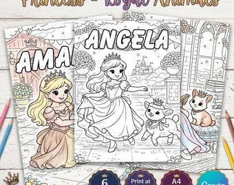 Prinzessin Name Malseiten, bearbeitbare Canva Vorlage für Kinder, königliche Tierfreunde, 6 Seiten, digitaler Download