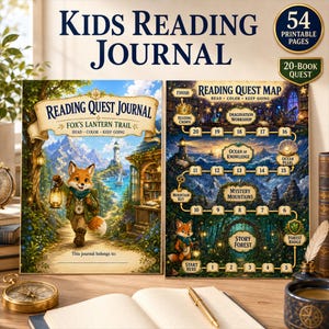 Puede incluir: Un diario de lectura para niños con 54 páginas imprimibles y una misión de 20 libros. La portada muestra un zorro con una linterna en un sendero, mientras que la página adyacente muestra un mapa de misión con pasos numerados e ilustraciones.