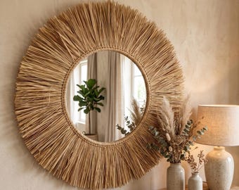 Boho Sunburst Mirror Large Round Wall Decor Handcrafted Style Neutral Accent Mirror for Entryway Living Room Modern Bohemian Wall Art