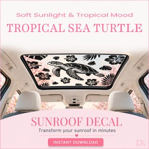 Puede incluir: Calcomanía para techo solar de coche con un diseño de tortuga marina en blanco y negro, rodeada de flores y hojas tropicales. El texto dice "Tropical Sea Turtle" y "Sunroof Decal".