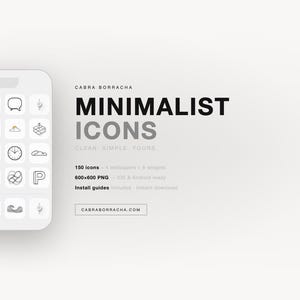 Op de afbeelding: Een witte smartphone-mockup toont een verzameling minimalistische zwart-witte pictogrammen. De afbeelding bevat de tekst "MINIMALIST ICONS" en details over het pictogrammenpakket, zoals het aantal pictogrammen en het bestandsformaat.