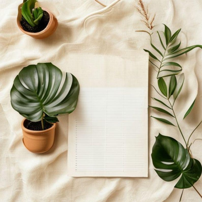 May include: An overhead shot of a neutral-toned composition featuring a lined paper, potted plants, and greenery. The plants include a large, dark green Monstera leaf and smaller succulents in terracotta pots. The background is a beige fabric.