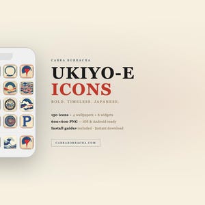 May include: A smartphone mockup showcases Ukiyo-e style icons. The icons, arranged in a grid, depict designs such as waves, telephones, and musical notes. The text "UKIYO-E ICONS" is displayed in bold, with additional text below.