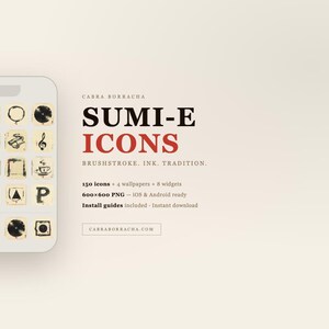 May include: A smartphone screen shows a set of black and beige Sumi-e icons. The icons feature various designs, such as a music note, clock, and coffee cup. The text "SUMI-E ICONS" is displayed in black and red, with the tagline "BRUSHSTROKE. INK. TRADITION."